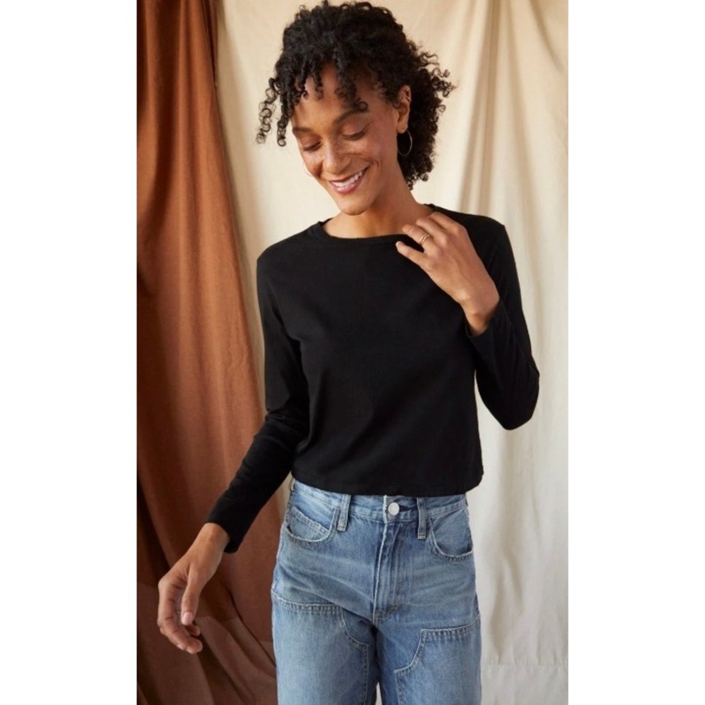 AMO Denim Long Sleeve Babe Tee Black Cropped Distressed Cotton Top XS